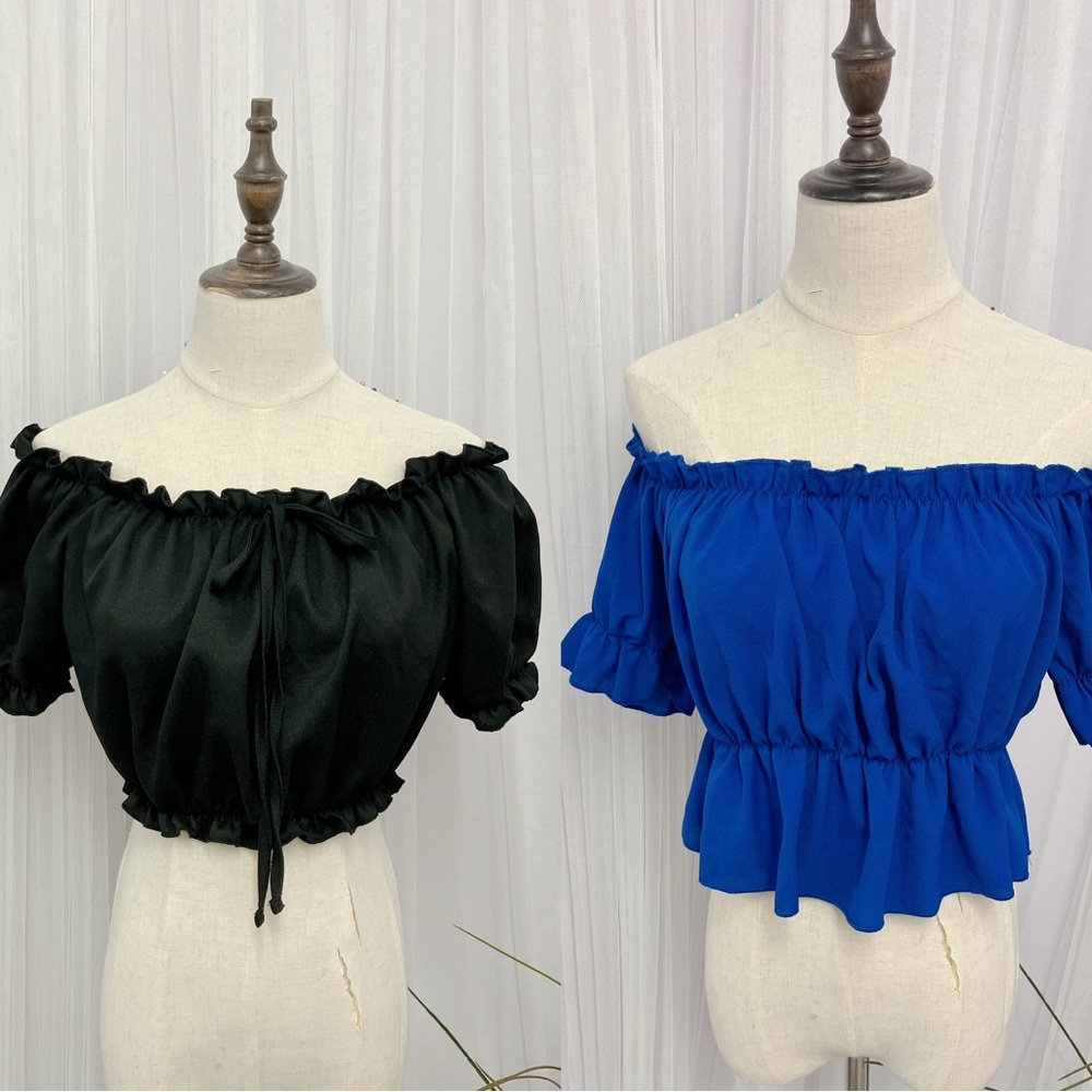Off-Shoulder Black and Blue Chiffon Top Set